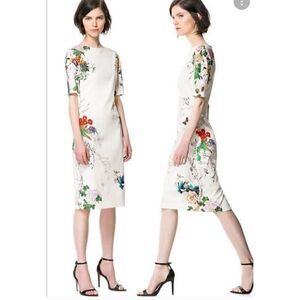 ZARA WOMENS BOAT NECK FLORAL PRINT MIDI DRESS SIZE SMALL MULTICOLOR CREAM